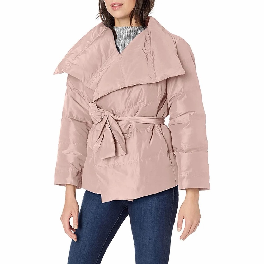 Lark & Ro Women's Long Sleeve Short Puffer Coat With Wrap Blush Pink | M